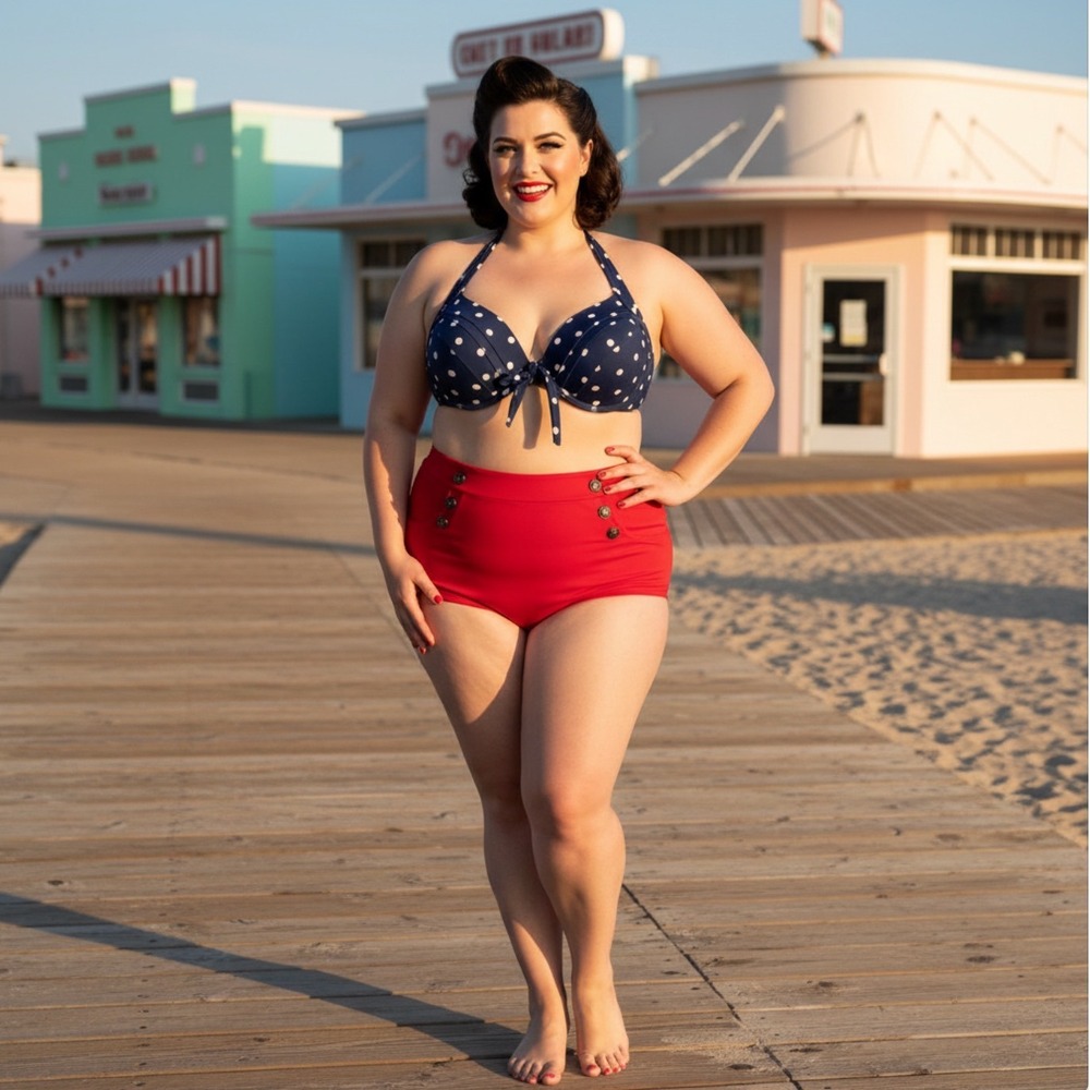 Unique Vintage Swim Navy Polka Dot‎ Halter Top & Red High Waist Bottoms XXL NEW